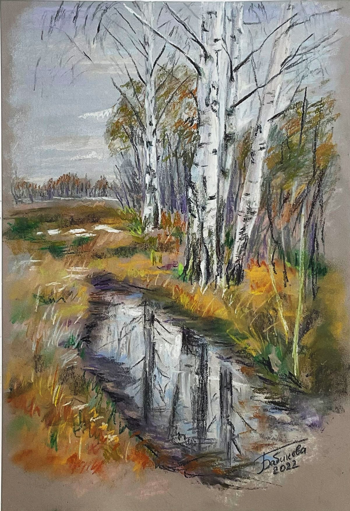 Пастельный осенний пейзаж 30×40 см Березы с отражением