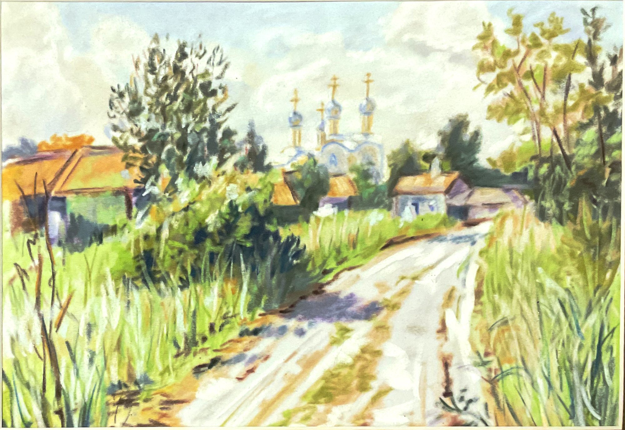 Картина пастелью деревня с церковью 24×31 см на бумаге Hahnemuhle