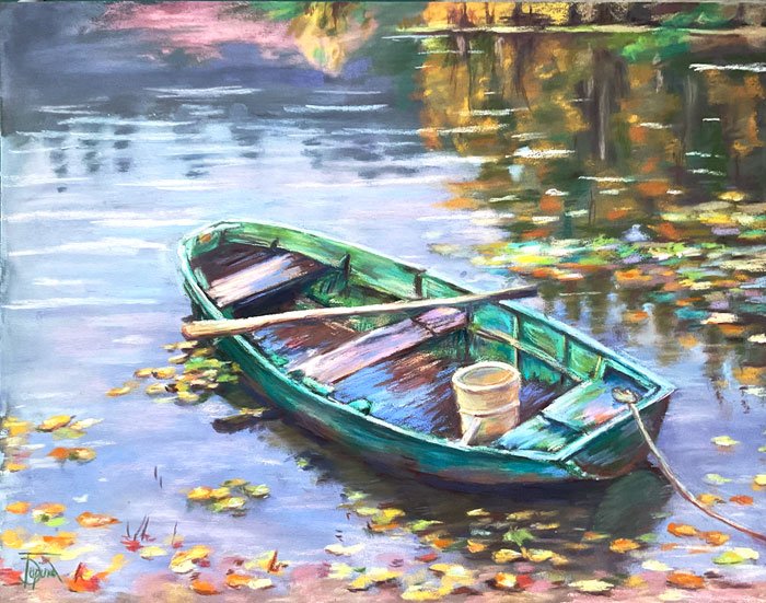 Лодка на воде осенью — пастельный пейзаж 30×40 см