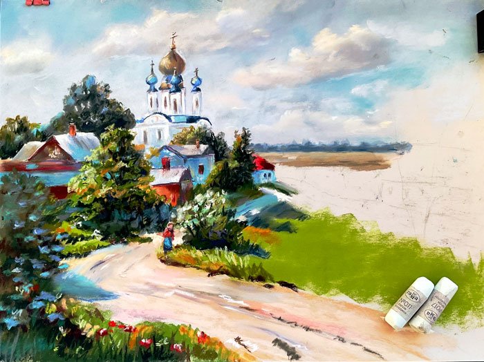 Деревенская церковь летний пейзаж пастелью - 2