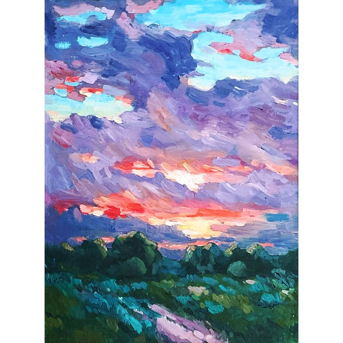 Картина маслом Фиолетовый закатное небо  30×40 см, в раме