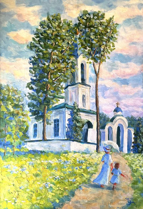 Церковь в импрессионистском стиле — авторский пейзаж маслом 42×60 см