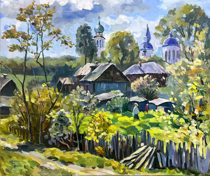 Деревенский пейзаж с домами и церковью — картина маслом 50×60 см