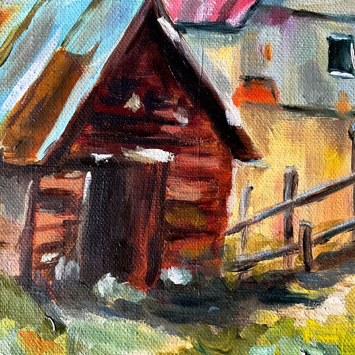 Деревенский пейзаж с лодками и мостками — картина маслом 50×60 см - 2