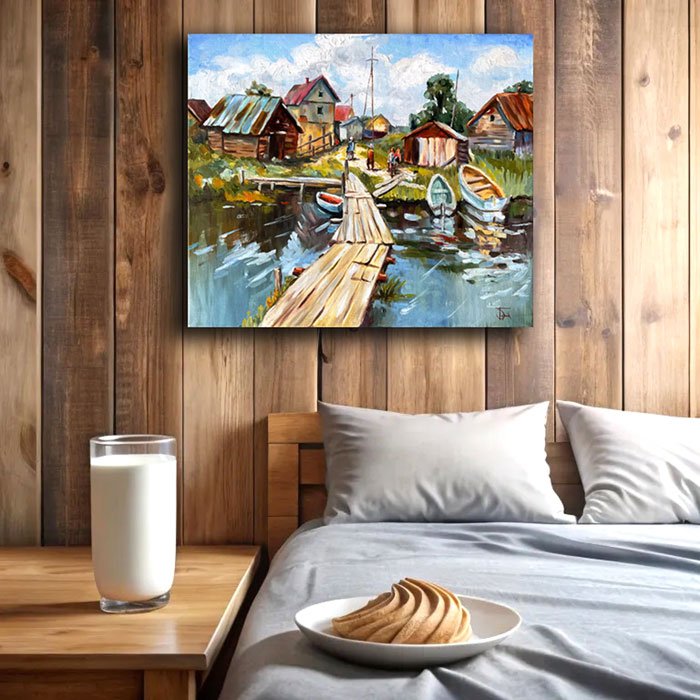 Деревенский пейзаж с лодками и мостками — картина маслом 50×60 см - 3