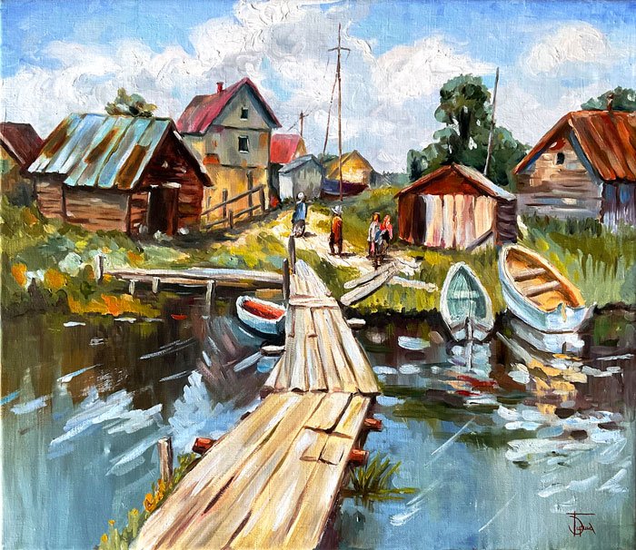 Деревенский пейзаж с лодками и мостками — картина маслом 50×60 см