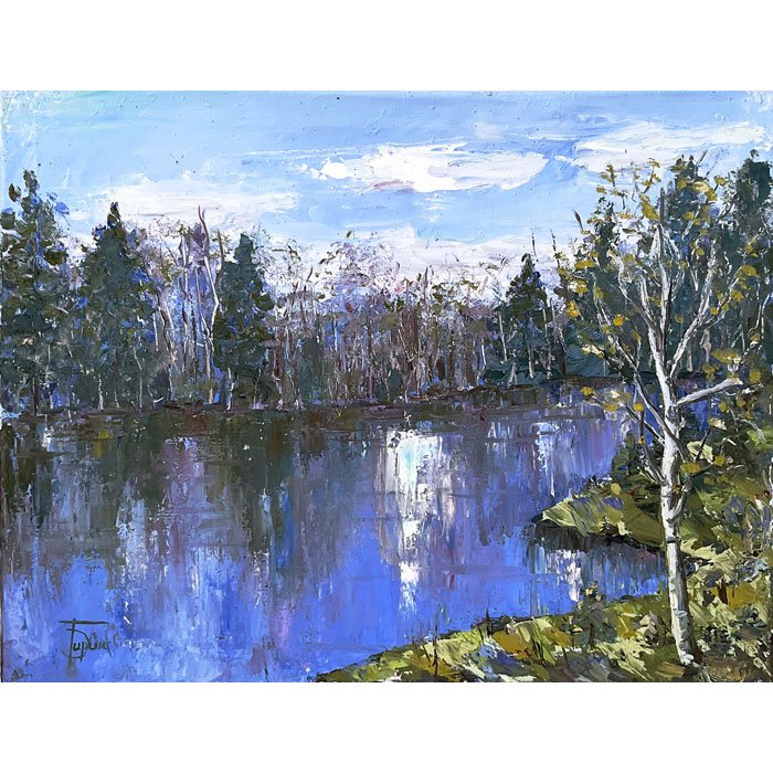 Этюд с озером и лесом — пейзаж маслом с натуры 50×40 см