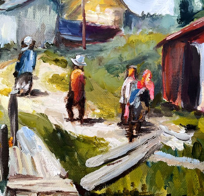 Деревенский пейзаж с лодками и мостками — картина маслом 50×60 см - 4