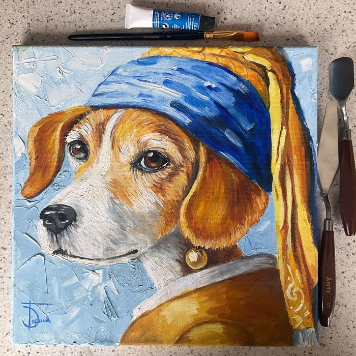Собака с жемчужной сережкой — интерпретация в стиле Вермеера, 30×30 см - 5
