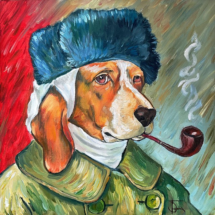 Пес с трубкой — картина в стиле Ван Гога, 30×30 см, холст на подрамнике