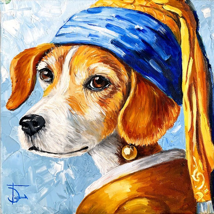 Собака с жемчужной сережкой — интерпретация в стиле Вермеера, 30×30 см